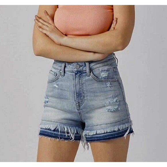 RISEN High Rise Frayed Hem Distressed Jean Shorts Raw Hem Light Wash Size 2 - Picture 1 of 10